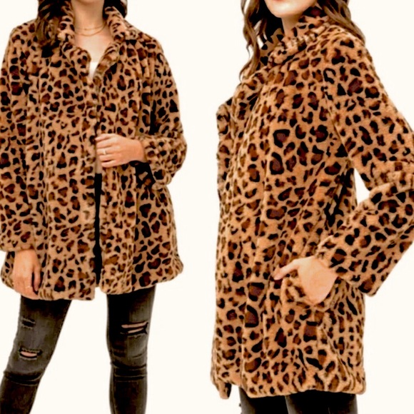 Faux Fur Fully Lined Leopard Print Coat w Notched Collar & Hand Pockets XL - Picture 4 of 9